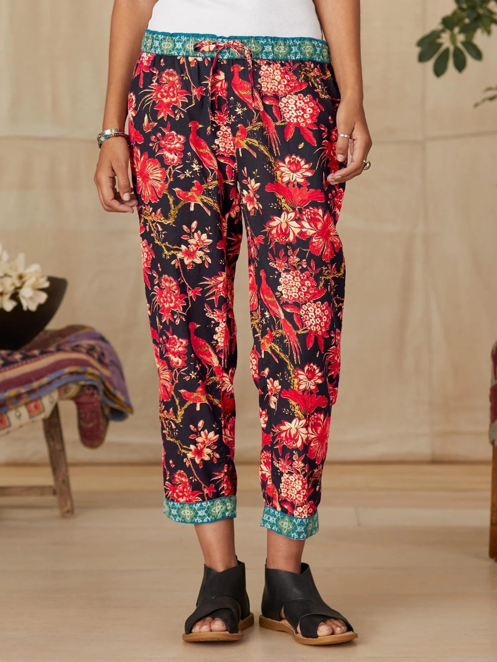Sundance Leia Cotton Floral Bird Print Cropped Boho Pants,  XS